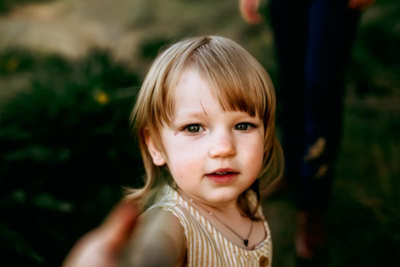 toddler girl looks at camera while offering a flower