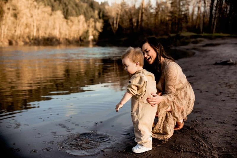 mother and son looking at the river in Portland OR