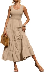 beige dress styled with a bag